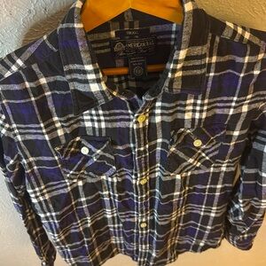 🔥American Eagle Men's Black and Blue Checkered Shirt🔥